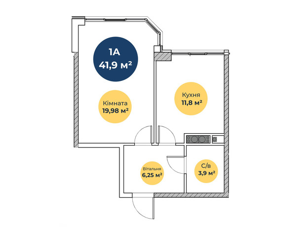 ЖК Нова Європа: планування 1-кімнатної квартири 42.6 м²