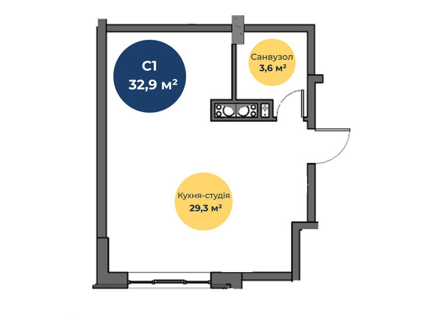 ЖК Нова Європа: планування 1-кімнатної квартири 33 м²