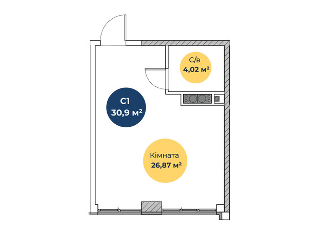 ЖК Нова Європа: планування 1-кімнатної квартири 31.4 м²