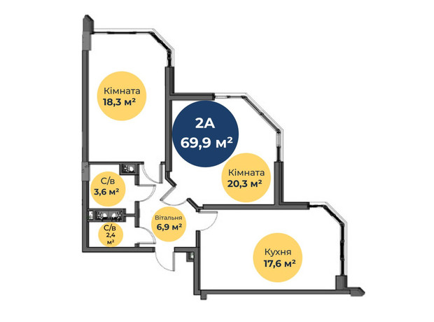 ЖК Новая Европа: планировка 2-комнатной квартиры 69.3 м²