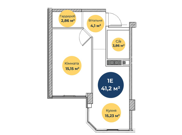 ЖК Нова Європа: планування 1-кімнатної квартири 41.7 м²