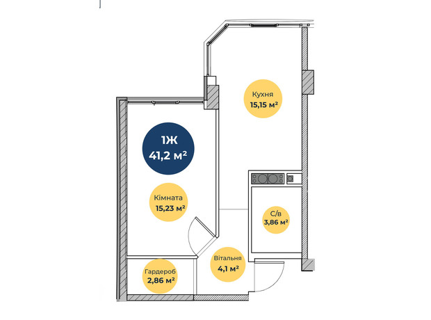 ЖК Нова Європа: планування 1-кімнатної квартири 41.7 м²