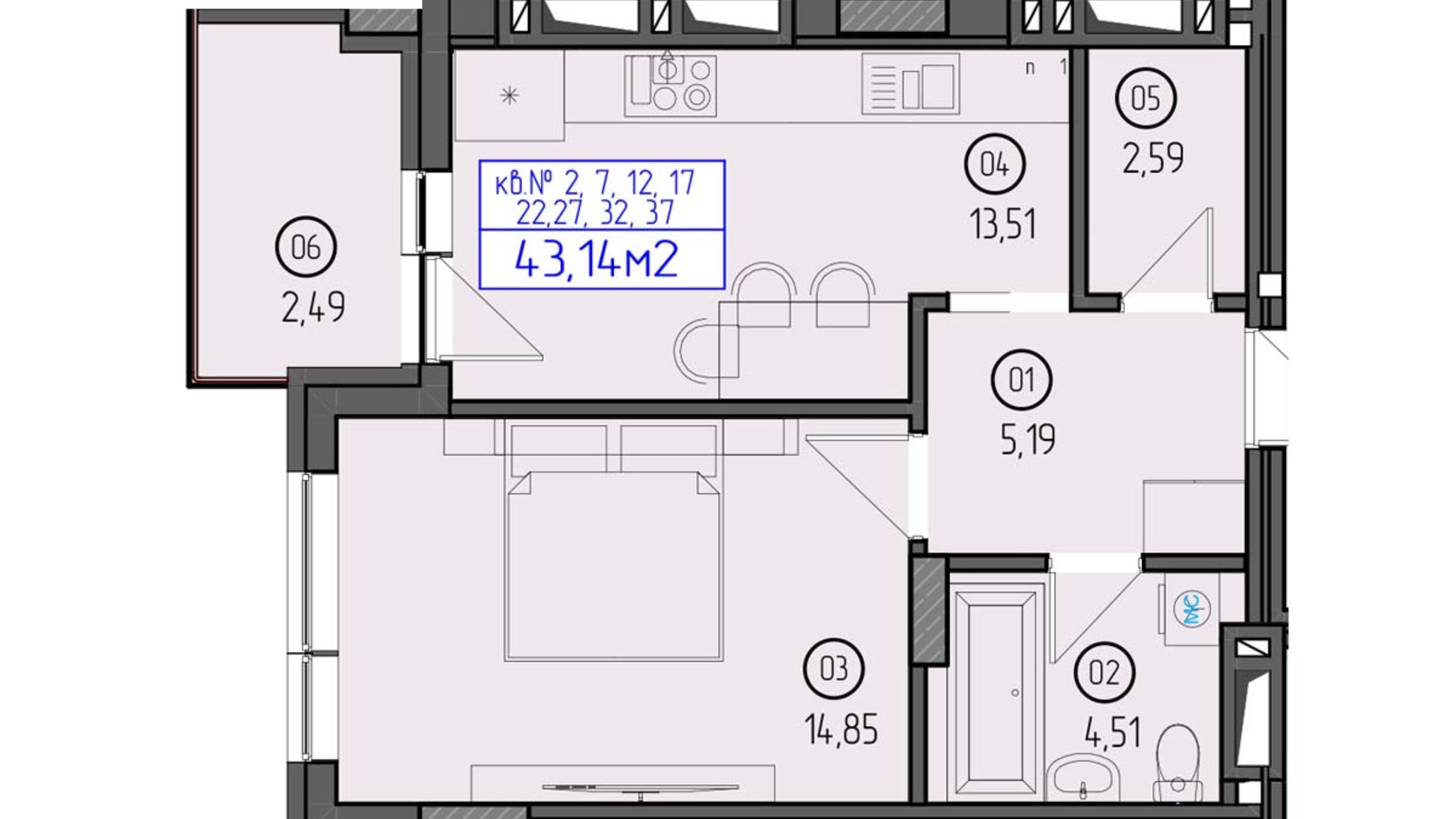 Планировка 1-комнатной квартиры в ЖК Будапешт 2 43.14 м², фото 558416