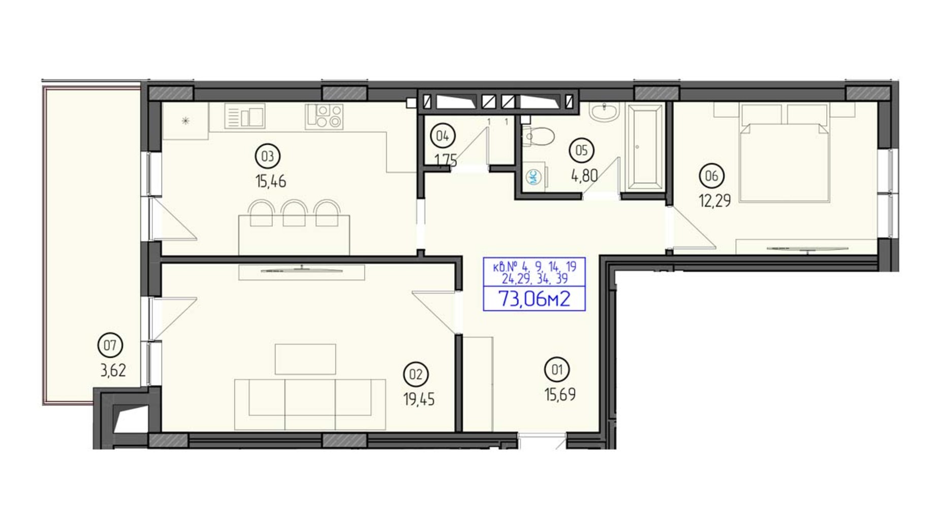 Планування 2-кімнатної квартири в ЖК Будапешт 2 73.06 м², фото 558432