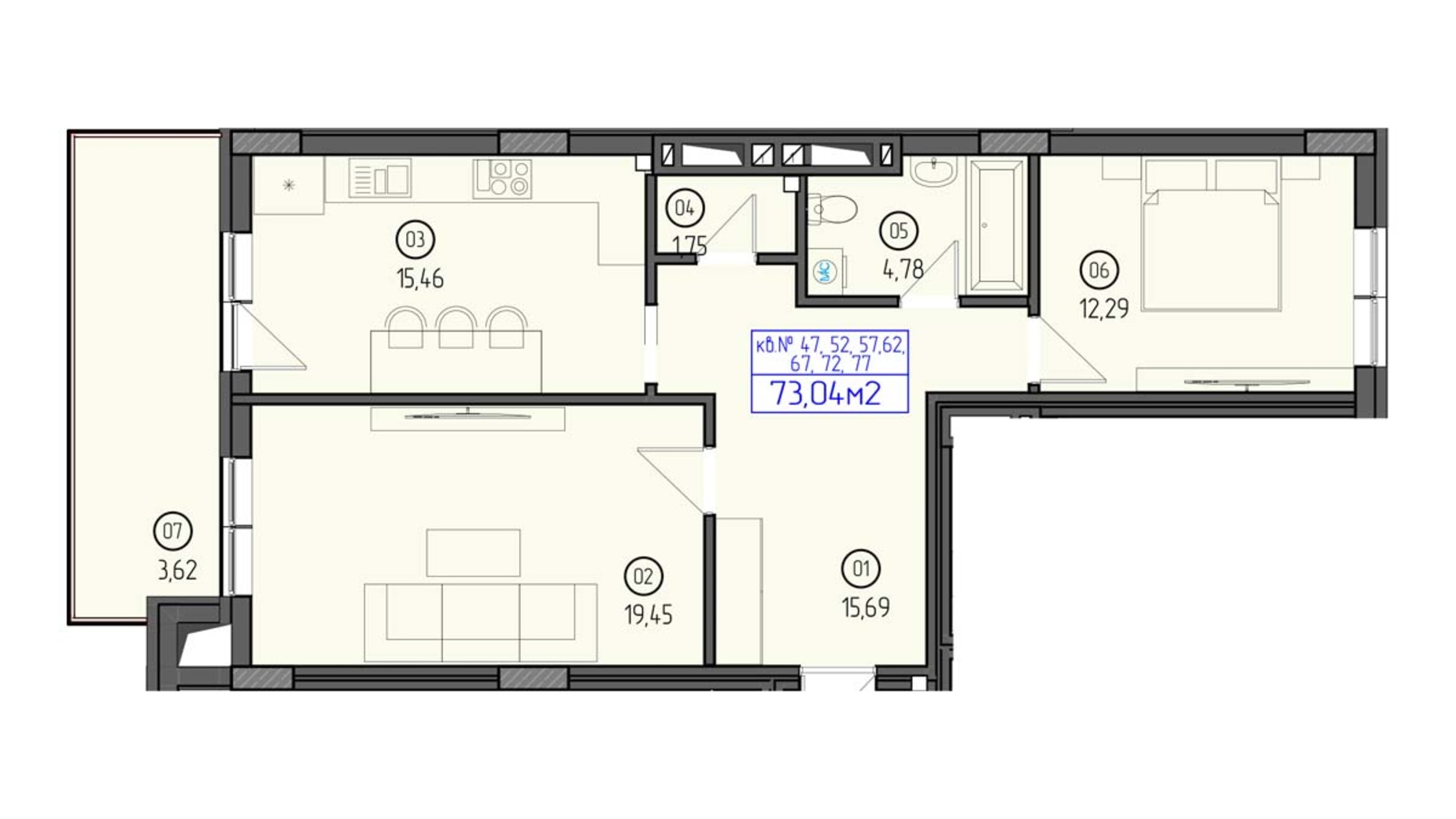 Планировка 2-комнатной квартиры в ЖК Будапешт 2 73.04 м², фото 558433