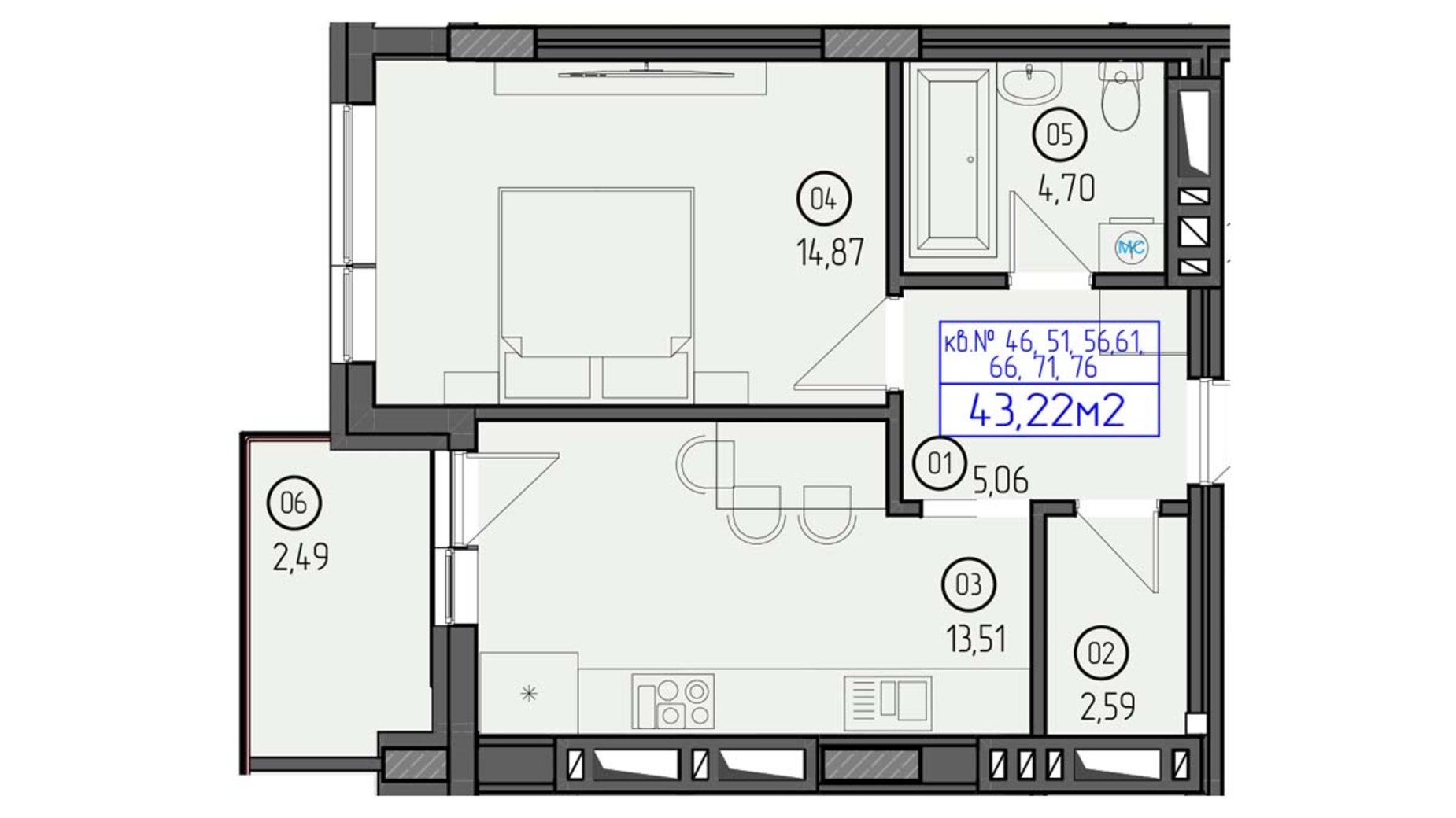 Планування 1-кімнатної квартири в ЖК Будапешт 2 43.22 м², фото 558436