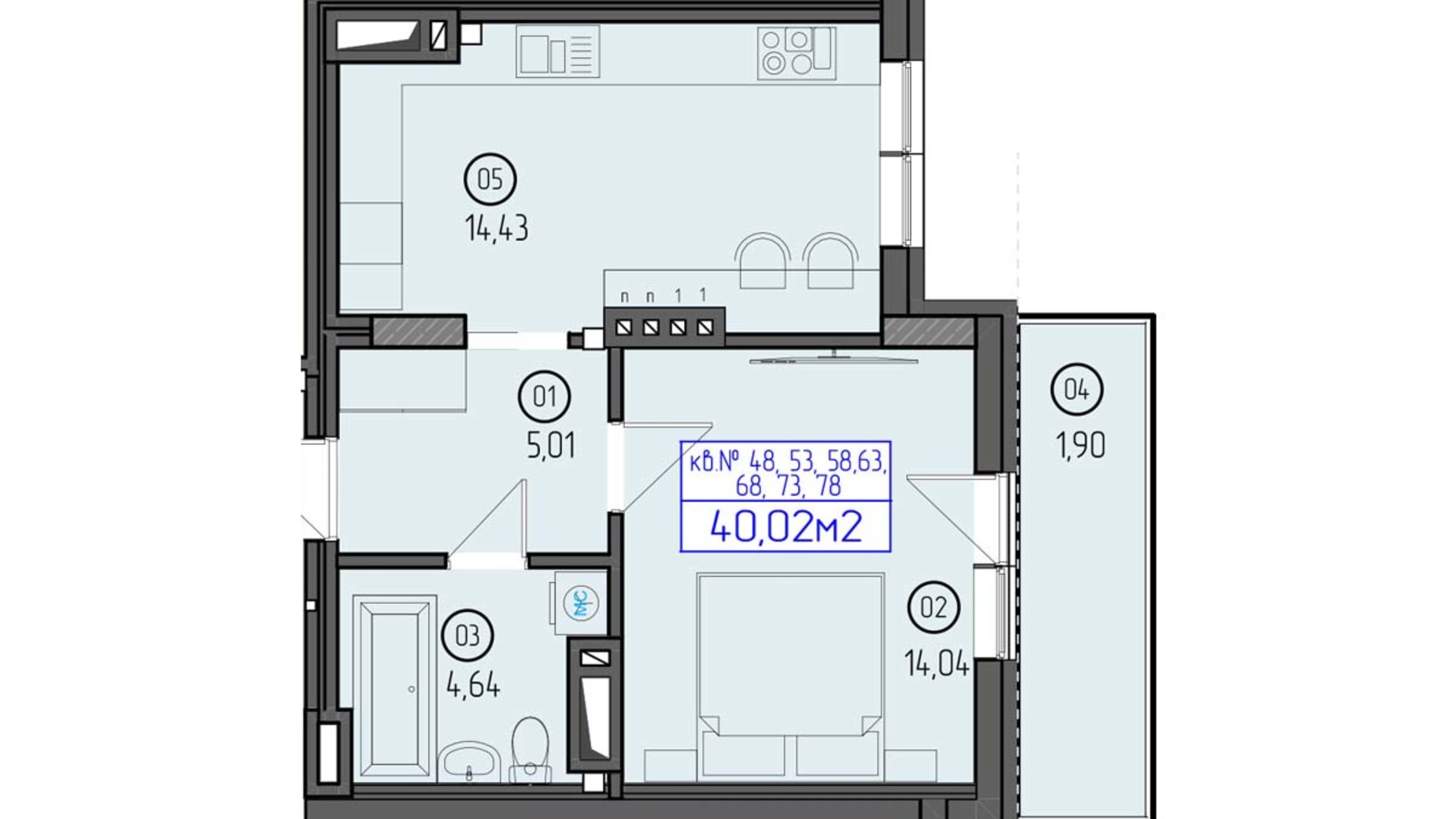 Планування 1-кімнатної квартири в ЖК Будапешт 2 40.02 м², фото 558443