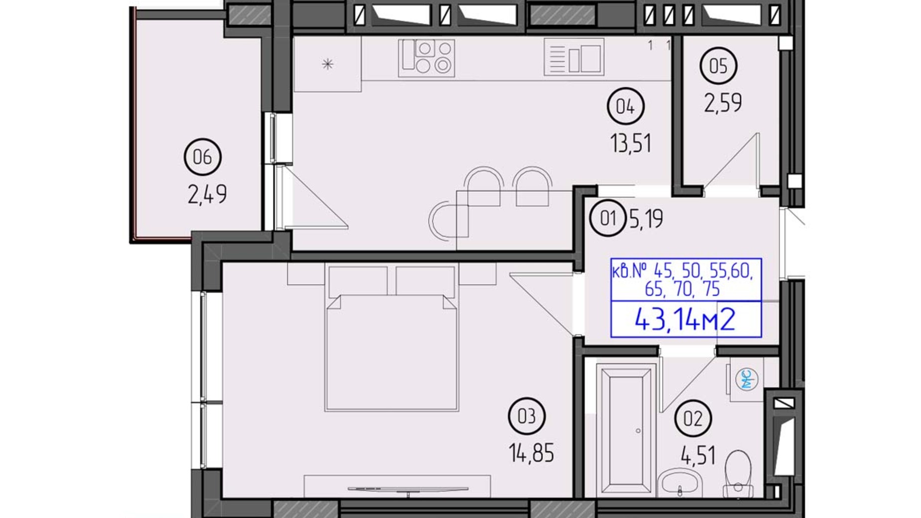 Планировка 1-комнатной квартиры в ЖК Будапешт 2 43.14 м², фото 558444