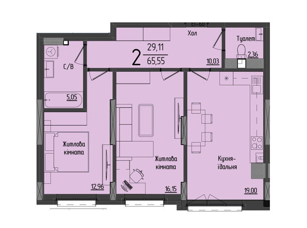 ЖК Аметист: планировка 2-комнатной квартиры 65.79 м²