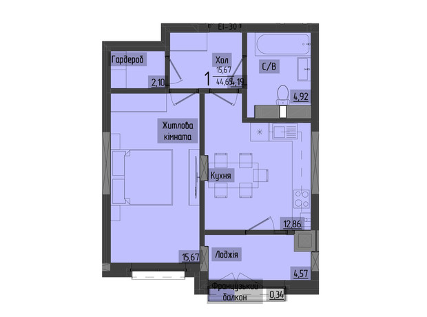 ЖК Аметист: планировка 1-комнатной квартиры 44.83 м²