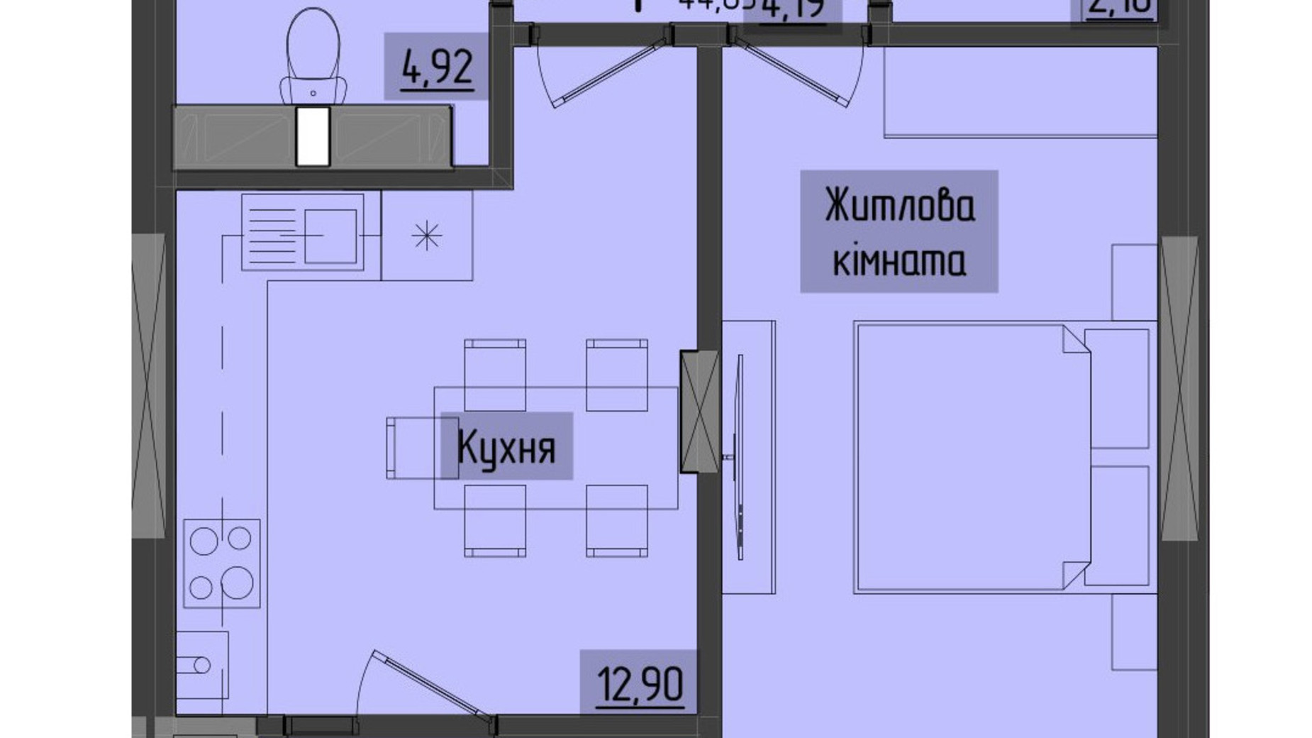 Планировка 1-комнатной квартиры в ЖК Аметист 44.8 м², фото 558521