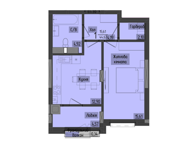 ЖК Аметист: планування 1-кімнатної квартири 44.8 м²