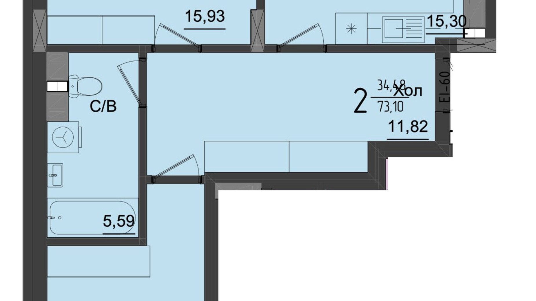 Планування 2-кімнатної квартири в ЖК Аметист 72.92 м², фото 558531