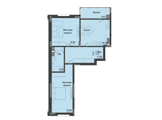 ЖК Аметист: планування 2-кімнатної квартири 72.92 м²