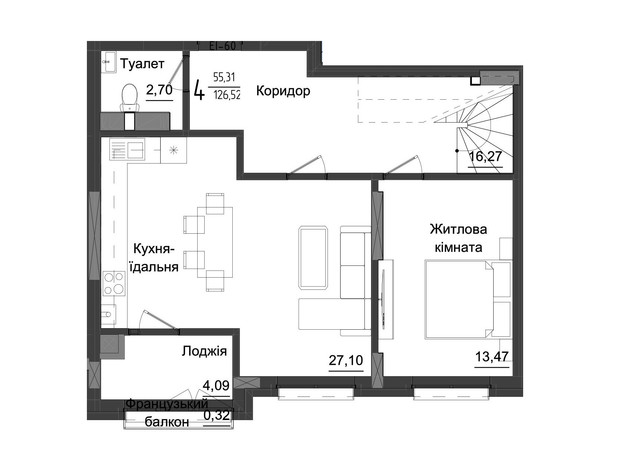 ЖК Аметист: планування 4-кімнатної квартири 128.48 м²