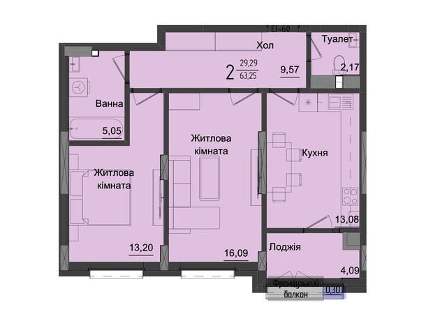 ЖК Аметист: планировка 2-комнатной квартиры 64.07 м²