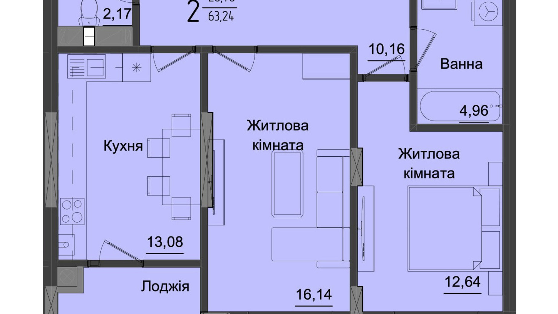 Планировка 2-комнатной квартиры в ЖК Аметист 64.02 м², фото 558539