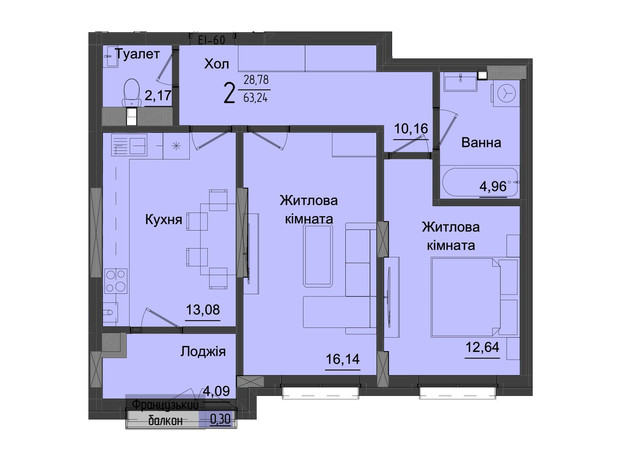 ЖК Аметист: планування 2-кімнатної квартири 64.02 м²