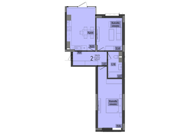 ЖК Аметист: планування 2-кімнатної квартири 62.65 м²