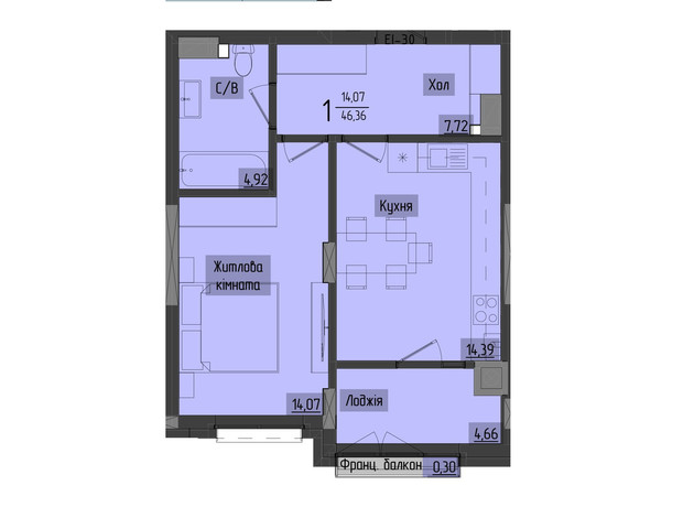 ЖК Аметист: планування 1-кімнатної квартири 47.84 м²