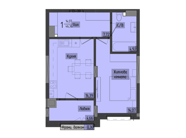 ЖК Аметист: планування 1-кімнатної квартири 47.81 м²