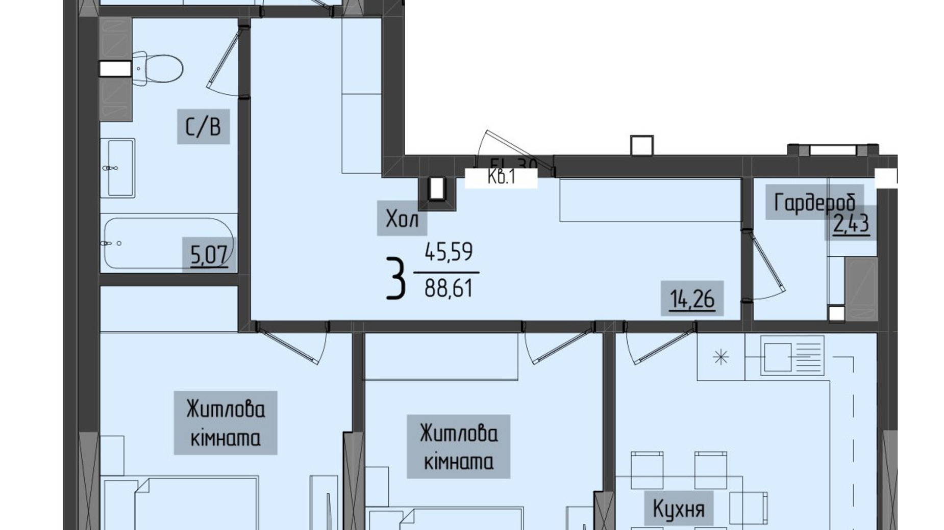 Планування 3-кімнатної квартири в ЖК Аметист 87.62 м², фото 558553