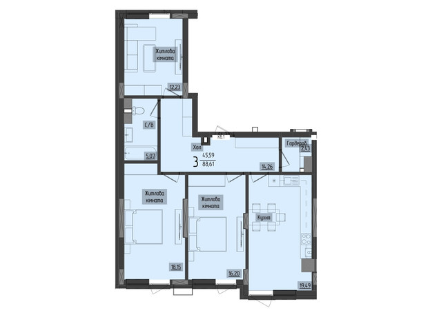 ЖК Аметист: планування 3-кімнатної квартири 87.62 м²