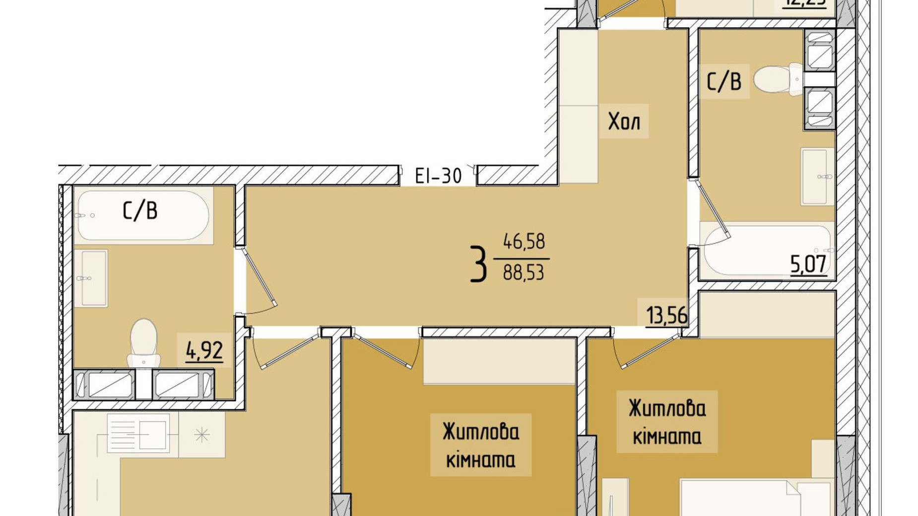 Планування 3-кімнатної квартири в ЖК Аметист 86.83 м², фото 558555