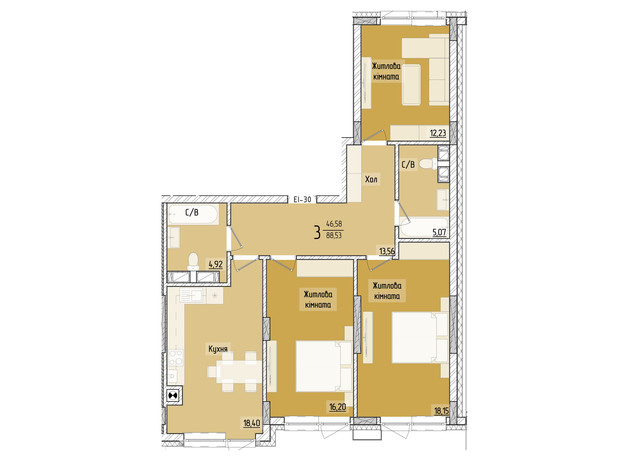 ЖК Аметист: планировка 3-комнатной квартиры 86.83 м²