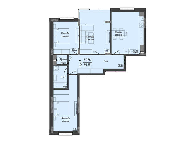 ЖК Аметист: планировка 3-комнатной квартиры 91.34 м²