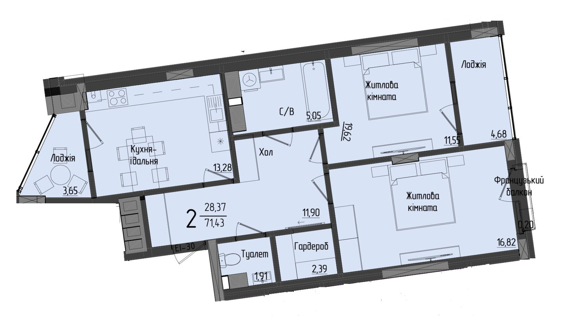Планировка 2-комнатной квартиры в ЖК Аметист 74.83 м², фото 558565