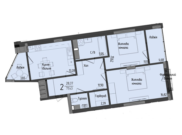 ЖК Аметист: планировка 2-комнатной квартиры 74.83 м²