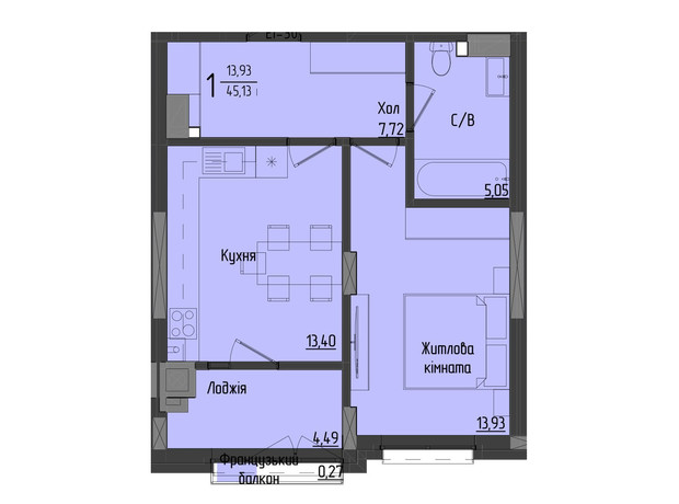 ЖК Аметист: планування 1-кімнатної квартири 44.76 м²