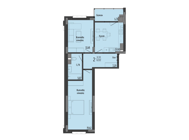 ЖК Аметист: планування 2-кімнатної квартири 62.15 м²