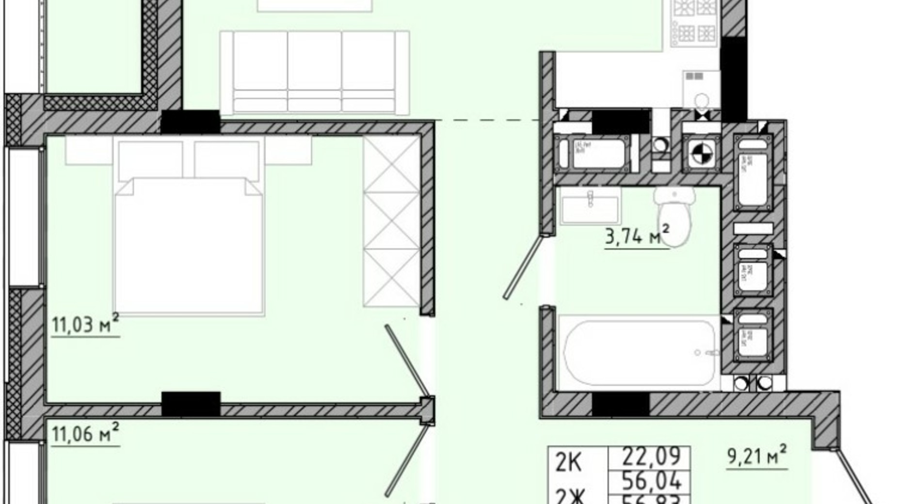 Планування 2-кімнатної квартири в ЖК на Спортивній 56.83 м², фото 558835