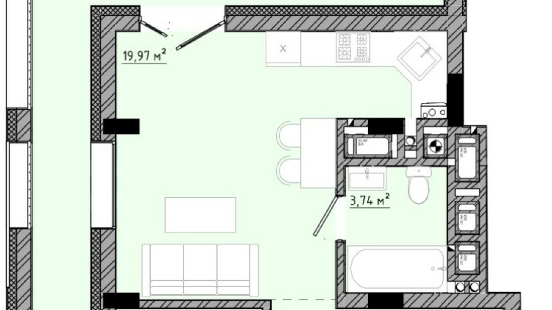 Планировка апартаментов в ЖК на Спортивной 45.23 м², фото 558842