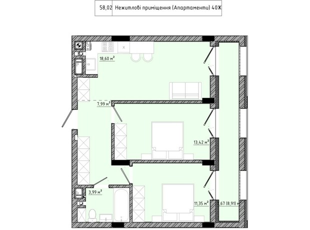 ЖК на Спортивній: планування 1-кімнатної квартири 58.02 м²