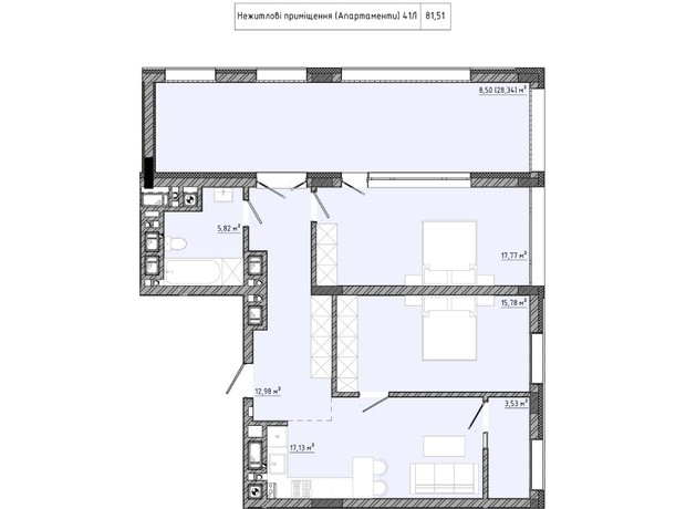 ЖК на Спортивній: планування 3-кімнатної квартири 81.51 м²