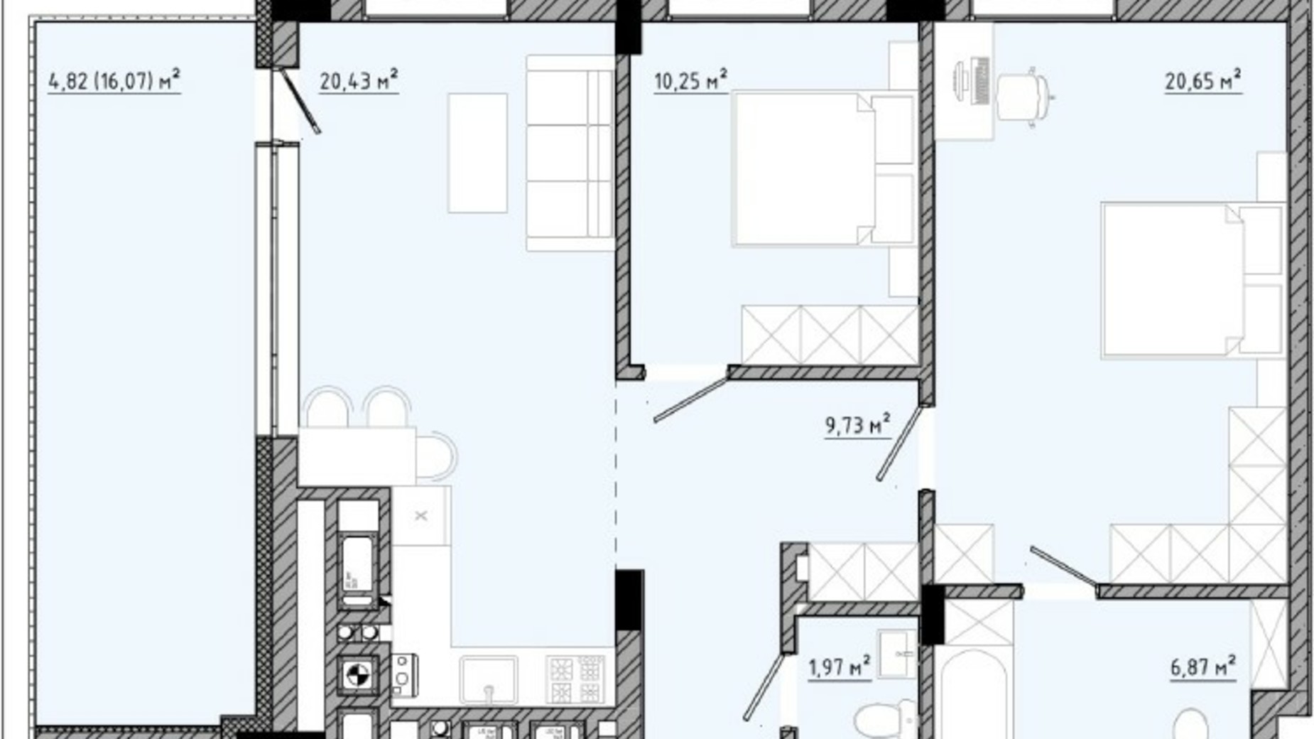 Планування апартаментів в ЖК на Спортивній 74.72 м², фото 558863