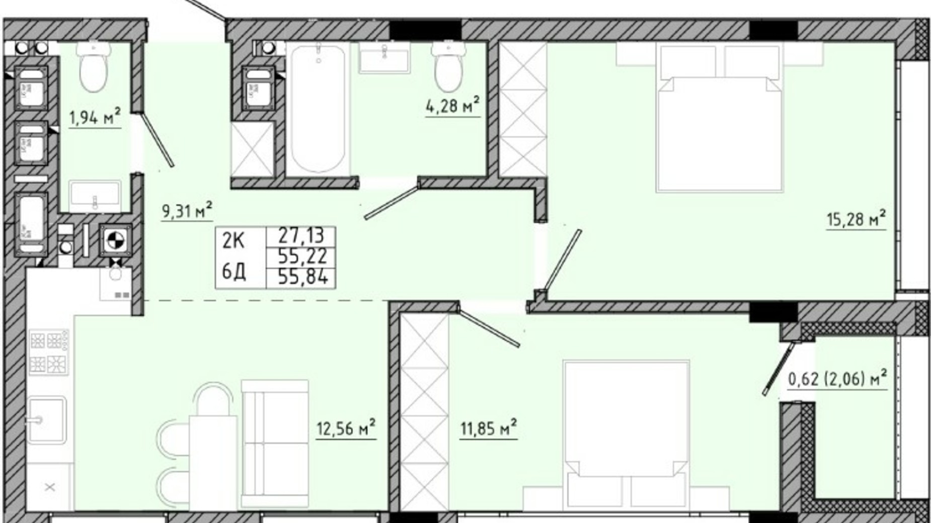 Планування 2-кімнатної квартири в ЖК на Спортивній 55.84 м², фото 558871