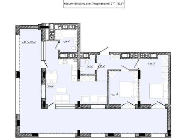 ЖК на Спортивной: планировка 2-комнатной квартиры 80.97 м²