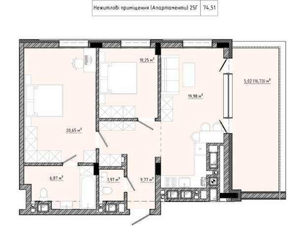 ЖК на Спортивній: планування 2-кімнатної квартири 74.51 м²