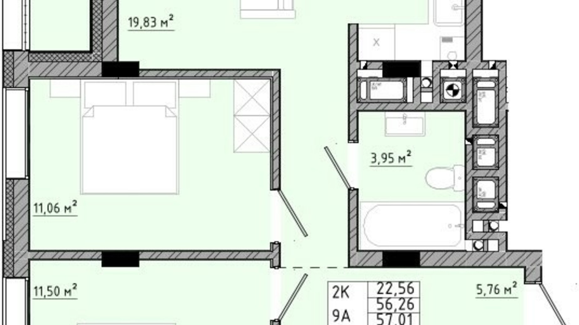 Планування 2-кімнатної квартири в ЖК на Спортивній 57.01 м², фото 558888