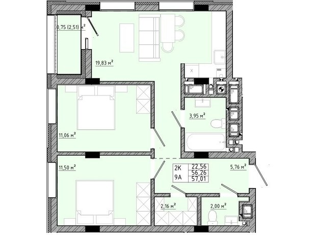 ЖК на Спортивній: планування 2-кімнатної квартири 57.01 м²