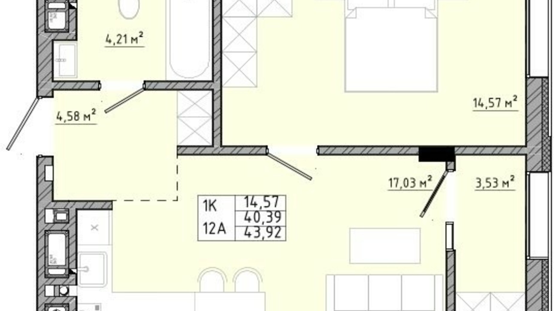 Планування 1-кімнатної квартири в ЖК на Спортивній 43.92 м², фото 558889