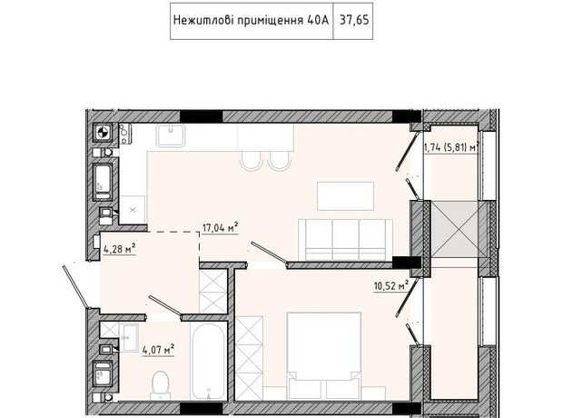 ЖК на Спортивній: планування 1-кімнатної квартири 37.65 м²