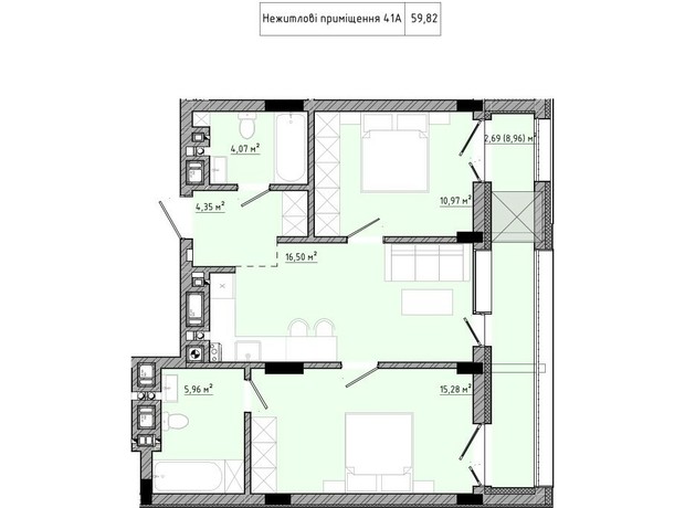 ЖК на Спортивной: планировка 2-комнатной квартиры 59.82 м²