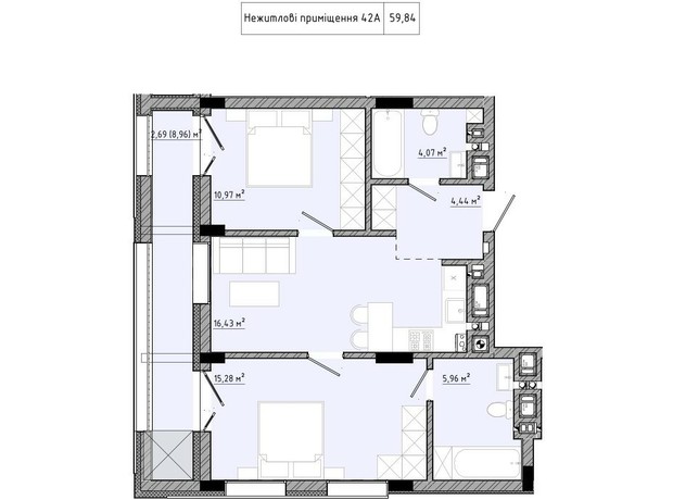 ЖК на Спортивной: планировка 2-комнатной квартиры 59.84 м²
