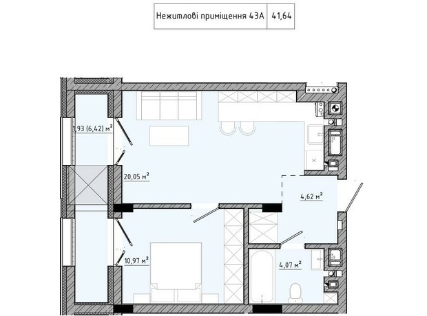 ЖК на Спортивній: планування 1-кімнатної квартири 41.64 м²