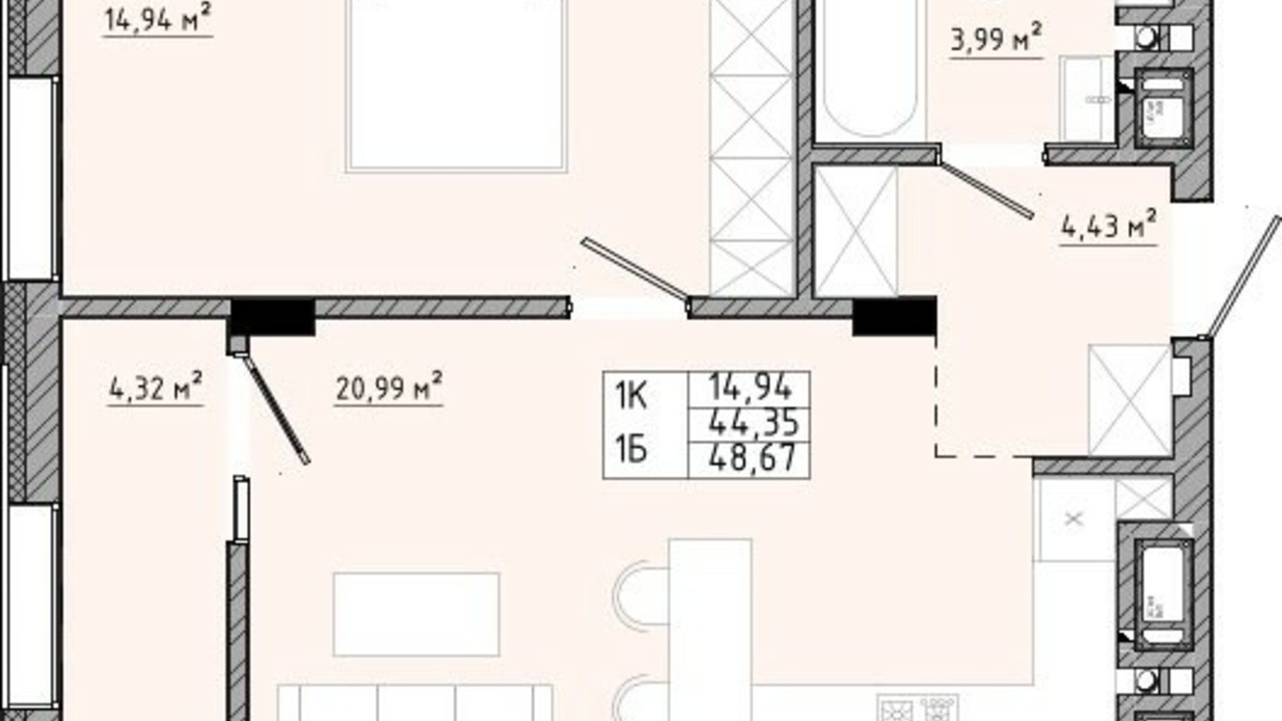 Планировка 1-комнатной квартиры в ЖК на Спортивной 48.67 м², фото 558900